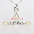 925 joyería de agua dulce natural de la perla colgante + joyería de los pendientes de la perla fija sistemas (ES1322)
